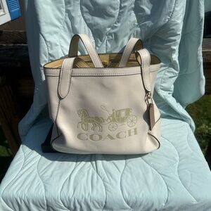 Coach Cream Leather Tote with Embossed Logo